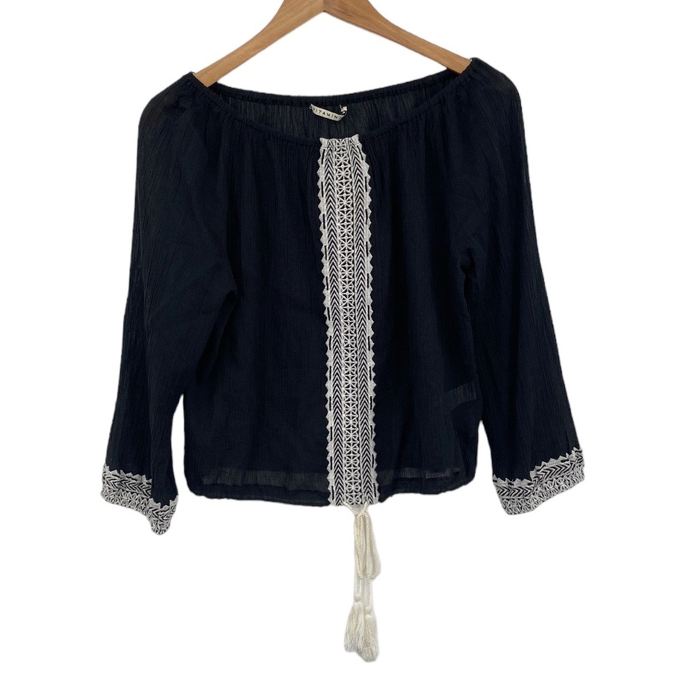 Vitamin A Top Womens XS 4 Black Off The Shoulder 3/4 Sleeve Sheer Boho